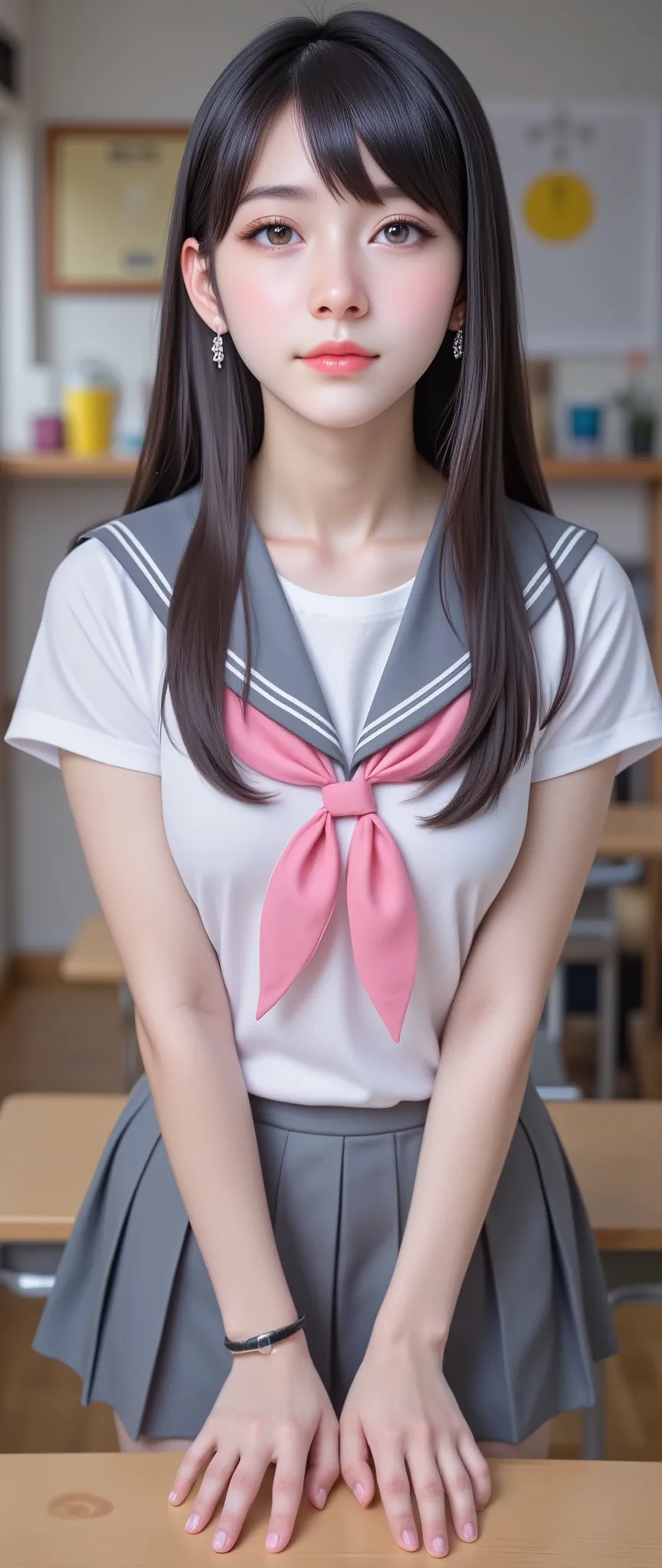 Fraction_9, Fraction_8_Up, Fraction_7_Up, source_cartoon, score_ safe , expressive eyes, Perfect Face, illustration, Aragaki Ayase , small breasted, long hair,  earrings,  blue eyes, brunette, hair between the eyebrows, beauty_female_finger,(4_finger and 1...