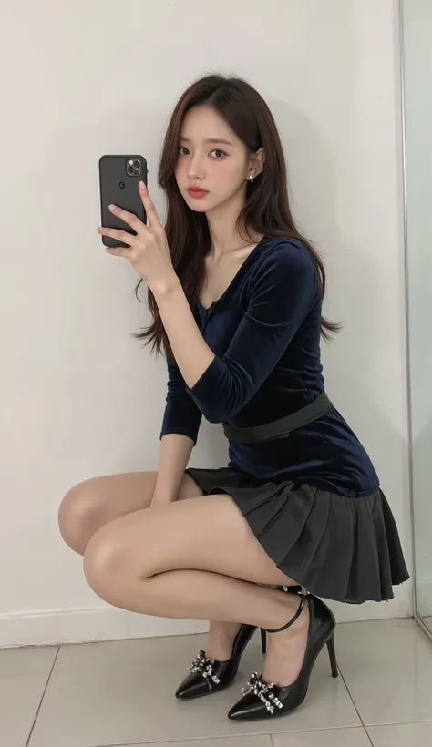 SS,BD, capture the model's full body, The face of a beautiful young Korean actress, high, beautiful long legs, Full Body,
A pleated velvet mini dress、上身合身的女性的Full Body照片 , ,long sleeve,with subtle embellishments on her skirt . 。她穿着纯黑色紧身裤和细high跟鞋,is decora...