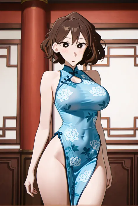 NSFW, Masterpiece, best quality, high resolution, very detailed, lora: misae nohara \( that dress-up doll falls in love\), dark brown hair、China dress, sleeveless,Chinese restaurant