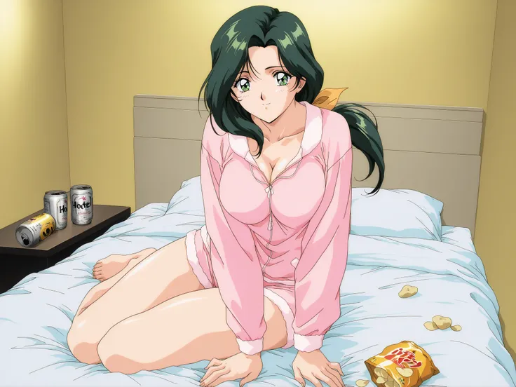 (((solo))),1girl,Sakurai_Sensei,solo, dark green hair, long hair, green eyes, large breasts, low ponytail,1990s (style), anime coloring, general,highres, ultra-detailed,very aesthetic,best quality ,best hands, BREAK,hotel rooms,sofa bed,canned beer, potato...