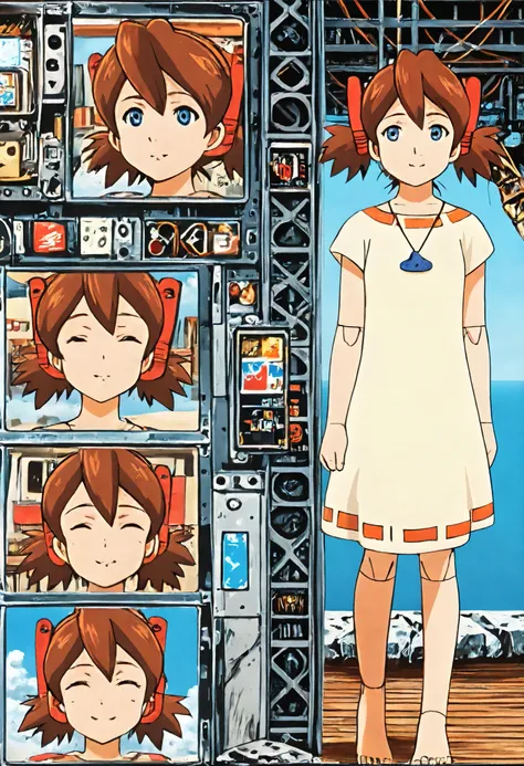  A mechanical robot lady is very short pigtails, brown hair, Hair tie with two red big crimson red clothespins, android, blue eyes, anime picture. angle from directly side view. barefoot. she is in beach. She wares nothing even artificial skin. She closes ...