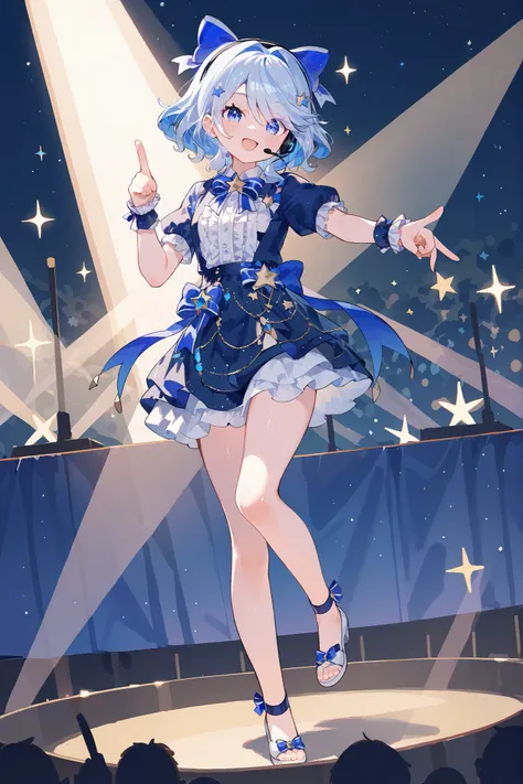 (score_9,score_8_up,score_7_up),1girl,full body,blue eyes,solo blue_hair, solo, blue_eyes, star_(symbol), smile, looking_at_viewer, open_mouth, skirt, short_sleeves, stage, idol, headset, hand_on_hip, bow, pointing, index_finger_raised, blue_skirt, stage_l...