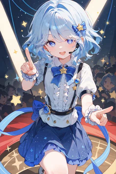 (score_9,score_8_up,score_7_up),1girl, blue eyes,solo blue_hair, solo, blue_eyes, star_(symbol), smile, looking_at_viewer, open_mouth, skirt, short_sleeves, stage, idol, headset, hand_on_hip, bow, pointing, index_finger_raised, blue_skirt, stage_lights, wr...