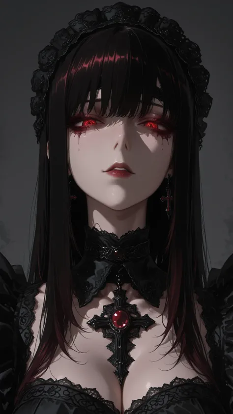ultra high definition, perfect quality, Fine Details, 1girl, mature maid, noble and cool expression{1.3}, slender phoenix eyes slightly narrowed, Dark red eye makeup, long black straight hair, Elegant headband, goth lace maid headdress{1.2},  Deep V Neckli...