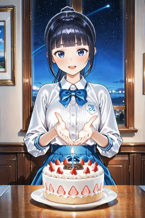 1girl,virtual youtuber, aoi_costume2, black hair, long hair, ponytail, blunt bangs, blue eyes,Open mouth wide,Holding a birthday cake in both hands,with balloons flying in the light-hearted sky in the background, a celebratory and peaceful atmosphere,傑作, 最...
