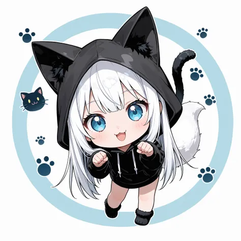 ((Masterpiece)),((best quality)),((incredibly absurdres)),((8K)),(anime style), 
 1 (chibi girl),(anime chibi),solo,white hair,long hair,straight hair,blue eyes, face,cute,kawaii,(white fox tail),(black cat ears),black cat foot,
wearing a black cat hoodie,...