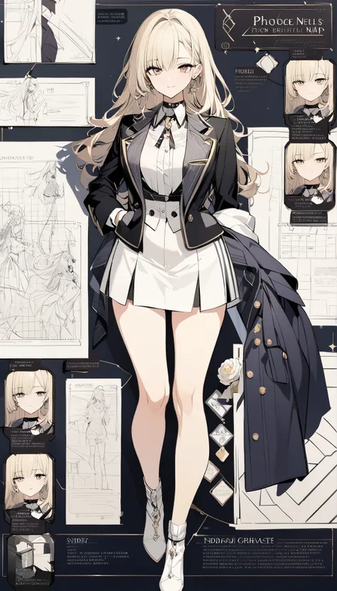 Reference Table,  Concept map , character design，girl，Phoebe，甜心girl头目，Black Street，Syndicate ，  suit ，Set ，shirt，Charming and beautiful，sexy，has a mole under the eye, picture，(Masterpiece, best quality), Official Art,  beautiful and beautiful : 1.2), (1 个g...