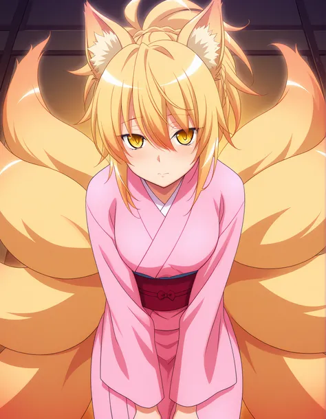masterpiece, best quality, very aesthetic,, kunou-dxd, 1girl, yellow eyes, black pupils, blonde hair, ponytail, fox ears, fox tail, multiple tails,, 