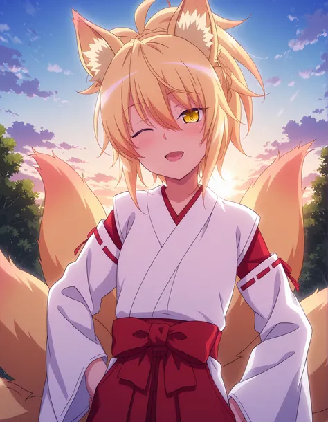 masterpiece, best quality, amazing quality, very aesthetic, absurdres, newest, best quality, anime coloring, backlight, anime screencap, moody lighting, foreshortening, kunou-dxd, kimono, 1girl, yellow eyes, black pupils, blonde hair, ponytail, fox ears, f...