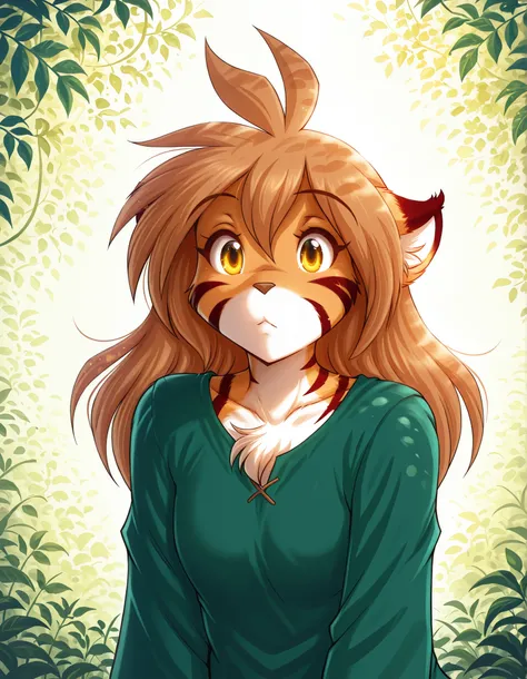 gpstyle,,  masterpiece, best quality, very aesthetic, 1girl,, furry, solo, flora-twokinds, flora_twokinds,, tiger, striped fur, keidran, yellow eyes, anthro, runesword,, green shirt