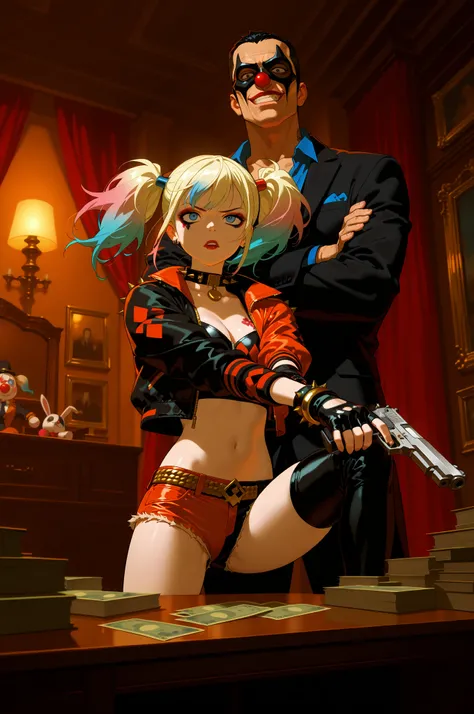 M4gicalL1nes,dynamic pose, foreshortening, HDR,Dynamic lighting,
masterpiece,incredibly absurdres,highest quality,High resolution,Highly detailed CG, anime,style,source anime, 
2People,1girl, confident expression, 
harley quinn, bangs, blue eyes, blonde hair, twintails, blue hair, multicolored hair, choker, gradient hair, makeup, piercing, pink hair, lips, lipstick, red lips, navel, cleavage, jewelry, jacket, open clothes, shorts, black gloves, midriff, black thighhighs, fingerless gloves, collar, bracelet, open jacket, black jacket, crop top, torn clothes, short shorts, tattoo, chain, spikes, cropped jacket, spiked bracelet, spiked collar, micro shorts, multicolored jacket, mafia boss, 
,,,,,break
[2boy, young man, standing next to her, gangster style, black suit, open collar shirt, gold chain, tattoo on neck, confident pose, sharp eyes, crossed arms, loyal subordinate, stylish, bodyguard vibe,long sleeves, pocket, jumpsuit, orange jumpsuit,,thighhighs, gloves],
 cute yet dangerous,luxury office, dark velvet curtains, red and blue neon, dramatic lighting,
wooden desk, handgun on desk, money stacks, stuffed animal, clown mask subordinates in background, cinematic composition, low angle, focus on duo, power couple vibe, anime style,