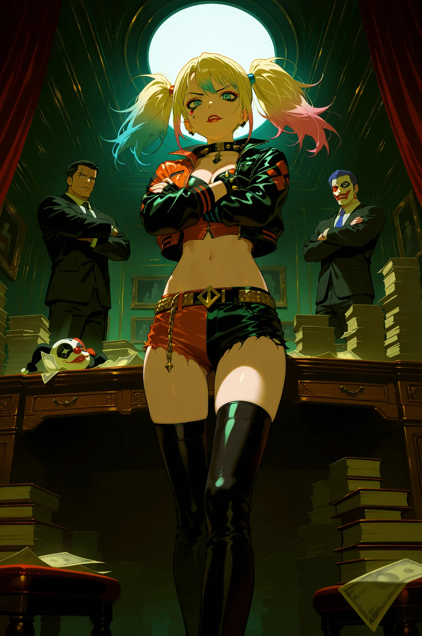 M4gicalL1nes,dynamic pose, foreshortening, HDR,Dynamic lighting,
masterpiece,incredibly absurdres,highest quality,High resolution,Highly detailed CG, anime,style,source anime, 
2People,1girl, confident expression, 
harley quinn, bangs, blue eyes, blonde hair, twintails, blue hair, multicolored hair, choker, gradient hair, makeup, piercing, pink hair, lips, lipstick, red lips, navel, cleavage, jewelry, jacket, open clothes, shorts, black gloves, midriff, black thighhighs, fingerless gloves, collar, bracelet, open jacket, black jacket, crop top, torn clothes, short shorts, tattoo, chain, spikes, cropped jacket, spiked bracelet, spiked collar, micro shorts, multicolored jacket, mafia boss, 
,,,,,break
[2boy, young man, standing next to her, gangster style, black suit, open collar shirt, gold chain, tattoo on neck, confident pose, sharp eyes, crossed arms, loyal subordinate, stylish, bodyguard vibe,long sleeves, pocket, jumpsuit, orange jumpsuit,,thighhighs, gloves],
 cute yet dangerous,luxury office, dark velvet curtains, red and blue neon, dramatic lighting,
wooden desk, handgun on desk, money stacks, stuffed animal, clown mask subordinates in background, cinematic composition, low angle, focus on duo, power couple vibe, anime style,