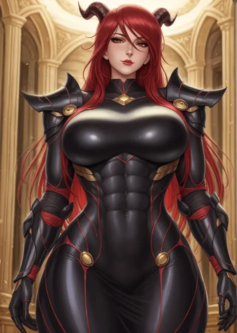 Illustrioussciamano, masterpiece, best quality, high quality, absurdres BREAK 1girl, solo, mature woman, milf, goddess, dragoness, red dragon horns, straight hair, red hair and hair on the sides, red eyes (neon), thick red lips, closed mouth, light smile, ...