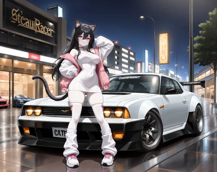 (1girl, solo, cat ears, black ears, cat tail, black tail, black hair, long hair, bangs, hair between eyes, beautiful face, pink eyes, pale skin, white skin, beautiful breasts, wide hips, open baggy jacket, cute medium dress, high thigh socks, long leg warm...