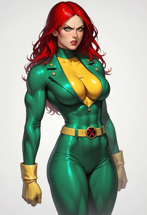  ((White background)) rathing_questionable, (1 girl) (solo girl)  score_9,  score_8_up,   BREAK,  perfect face, 1 girl, (Jean Grey:1.4) ,Jean Grey dos X-men , Marvel , X-Men,  super heroine , GREEN EYES , red hair , long and long hair ,(Tight green leather...