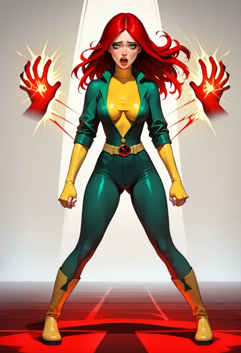  ((White background)) rathing_questionable, (1 girl) (solo girl)  score_9,  score_8_up,   BREAK,  perfect face, 1 girl, ((Jean Grey:1.4)) ,((Jean Grey X-men)) , Marvel , X-Men,  super heroine , GREEN EYES , red hair , long and long hair ,((Tight green leat...