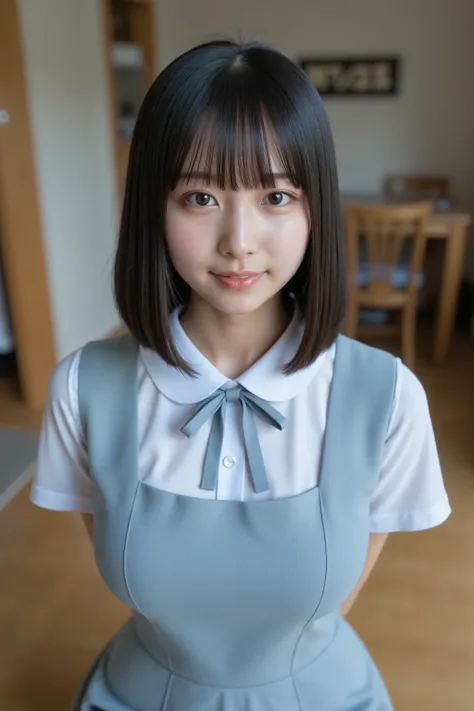 See-through school uniform, This photo shows a cute Japanese woman, 
The image is of very high quality, with clear skin texture.
The focus is on her face.
The focus is very sharp.
thin waist.
Her whole body is in the picture.
Her facial expression is sexy....