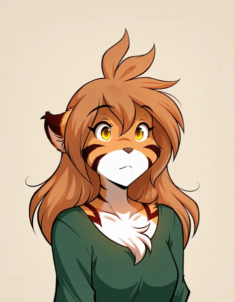 xsofts,, masterpiece, best quality, very aesthetic, 1girl,, furry, solo, flora-twokinds, flora_twokinds,, tiger, striped fur, keidran, yellow eyes, anthro, runesword,, green shirt