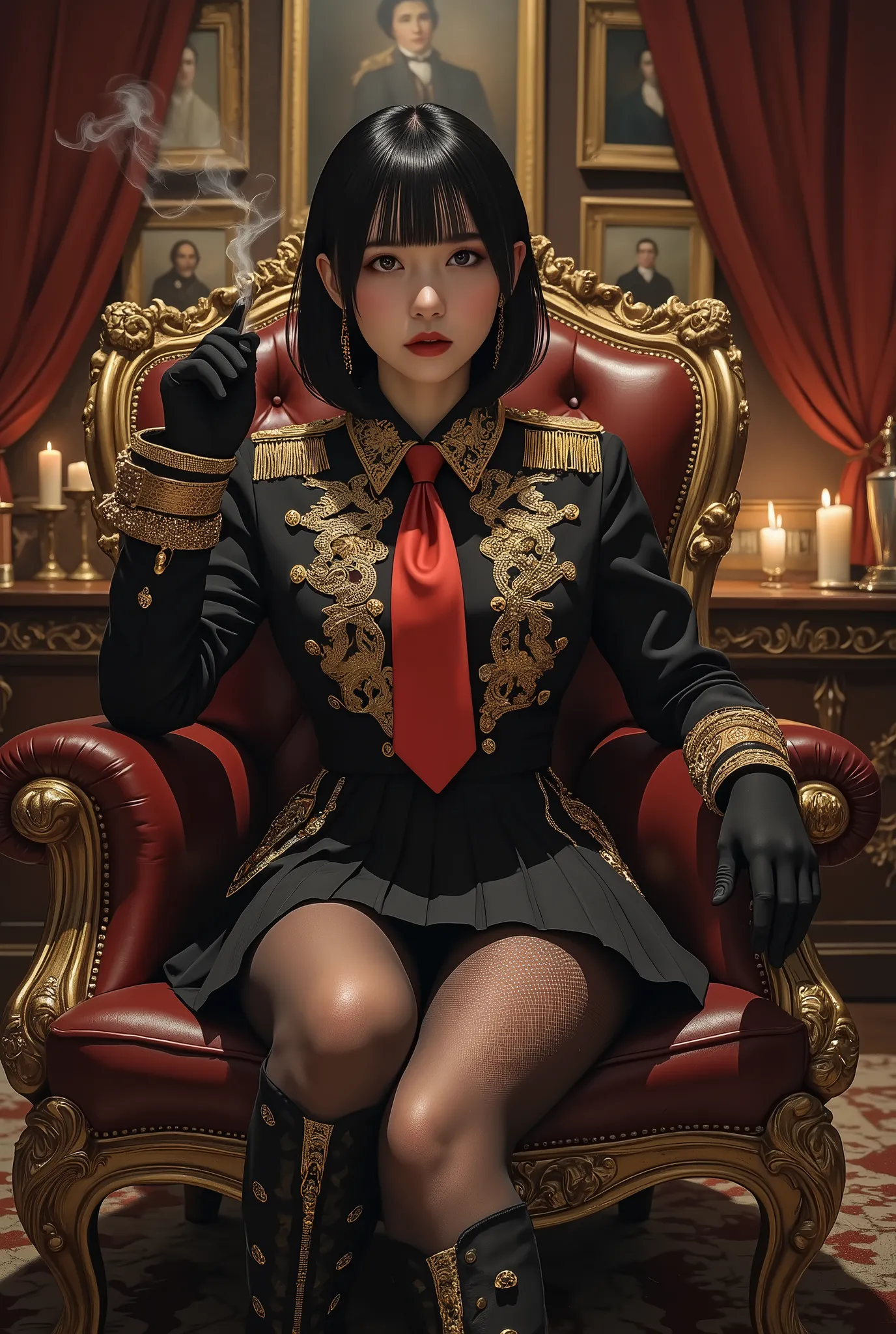 low-angle oil painting style portrait, a charismatic woman with slicked-back black hair, seated regally in a grand leather throne, wearing a mafia-inspired idol costume — deep black and gold military-style jacket with ornate embroidery, red silk tie, pleat...