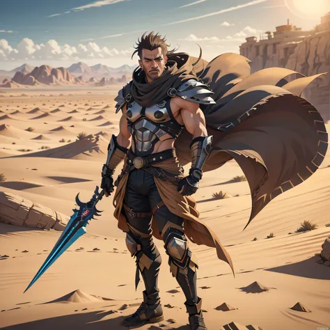 melhor qualidade, Obra-prima,  sharp lines, Obra-prima, melhor qualidade, ultra high quality, estilo anime, personagem, As masculine as possible, Macho alfa, Brutamonte, ignorante, Troglodita anime 4k, universo dune awakening, deserto, areia, sol escaldant...