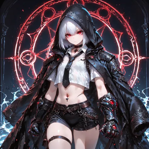 ((best quality)), ((masterpieces)), (detailed), perfect face, SOLO, ((((femboy)))), tomgirl, ANIME, beautiful detailed eyes, BOB hair, BOBed hair, white hair, RED EYES, expressionless, hooded, Magical Eyes, dark background, ((BLACK HOODED coat draped over ...