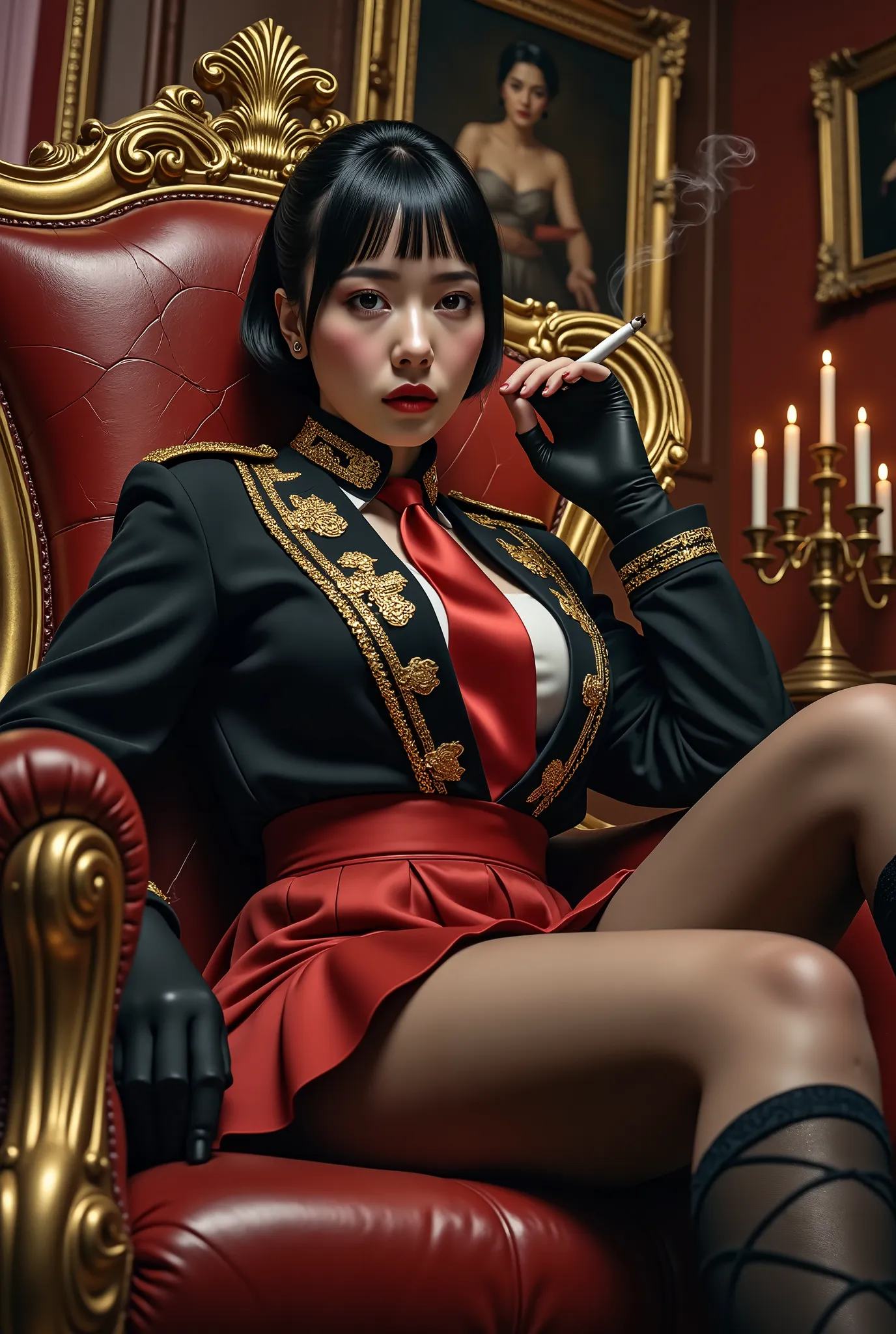 low-angle oil painting style portrait, a charismatic woman with slicked-back black hair, seated regally in a grand leather throne, wearing a mafia-inspired idol costume — deep black and gold military-style jacket with ornate embroidery, red silk tie, pleat...