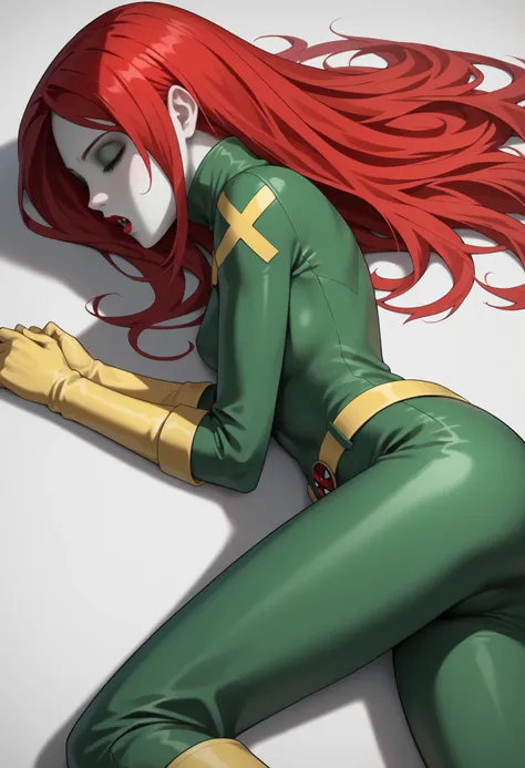  ((White background)) rathing_questionable, (1 girl) (solo girl)  score_9,  score_8_up,   BREAK,  perfect face, 1 girl, ((Jean Grey:1.4)) ,((Jean Grey X-men)) , Marvel , X-Men,  super heroine , GREEN EYES , red hair , long and long hair ,((Tight green leat...