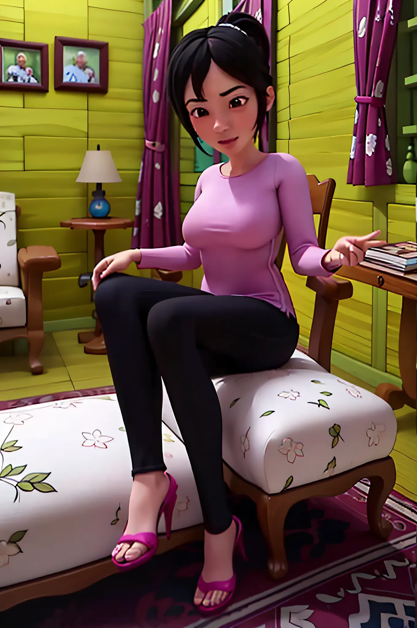 fotorealistis, wanita asia, puting telanjang, payudara besar, tubuh penuh, relaxing at home, high heels, payudara besar, nude