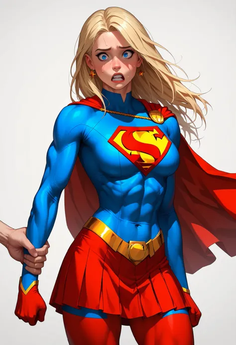 ((White background)) rathing_questionable, Friendly face ,(1 girl) (solo girl)  score_9,  score_8_up,   BREAK,  perfect face, 1 girl, (Super girl:1.4) ,Supergirl, blonde long hair, glowing blue eyes, powerful, radiant ,((dark blue super girl costume:1.4))...