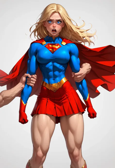  ((White background)) rathing_questionable, Friendly face ,(1 girl) (solo girl)  score_9,  score_8_up,   BREAK,  perfect face, 1 girl, (Super girl:1.4) ,Supergirl, blonde long hair, glowing blue eyes, powerful, radiant ,((dark blue super girl costume:1.4))...