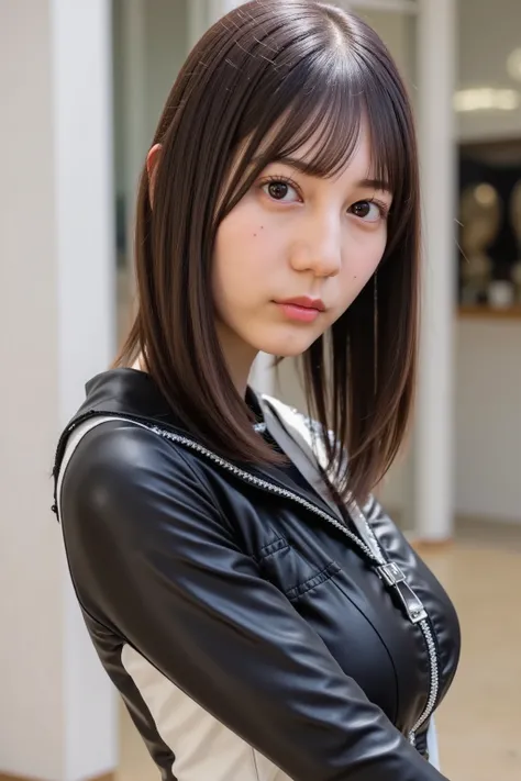 This photo shows a cute Japanese woman, pale skin, realistic skin, race queen costume,  
The image is of very high quality, with clear skin texture.
The focus is on her face.
The focus is very sharp. ultra detailed, 
thin waist.
Her whole body is in the pi...
