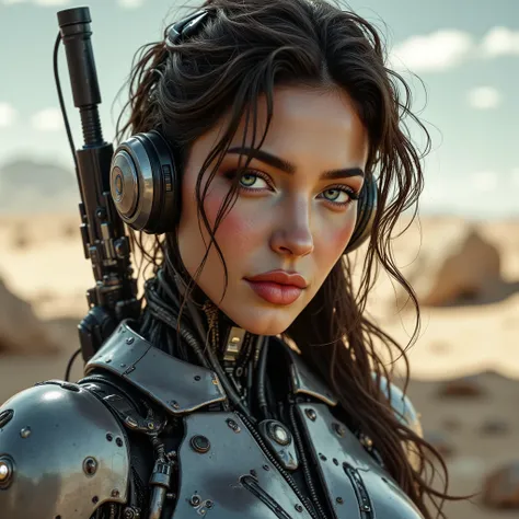 arafed woman, portrait of a cybernetic woman android Gunslinger. soft features, Soft Illustration with a dynamic background, elegant intricate artstation concept art style of Ashley Wood, Jae Wood, desolate tones, intricate detail, breathtaking masterpiece...