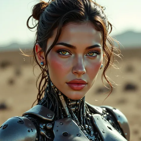 arafed woman, portrait of a cybernetic woman android Gunslinger. soft features, Soft Illustration with a dynamic background, elegant intricate artstation concept art style of Ashley Wood, Jae Wood, desolate tones, intricate detail, breathtaking masterpiece...