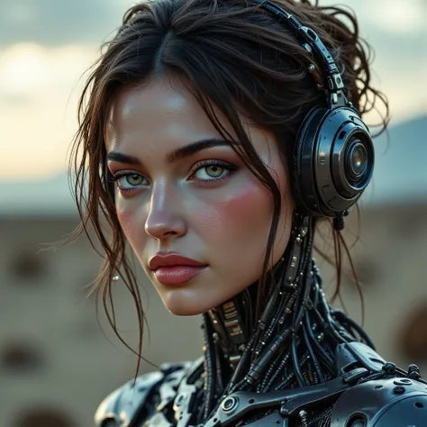 arafed woman, portrait of a cybernetic woman android Gunslinger. soft features, Soft Illustration with a dynamic background, elegant intricate artstation concept art style of Ashley Wood, Jae Wood, desolate tones, intricate detail, breathtaking masterpiece...