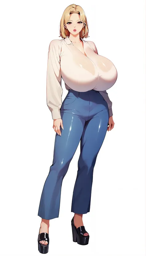 score_9, score_8_up, score_7_up,  manhwaaxl, lips, white background,simple background, Mature woman, white woman, golden white skin tone, high cheekbones, middle-parted hair, cut hair, blonde hair, mid-length hair, big lips, glossy pink lips, tall, plump a...
