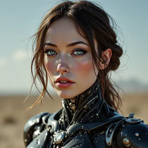 arafed woman, portrait of a cybernetic woman android Gunslinger. soft features, Soft Illustration with a dynamic background, elegant intricate artstation concept art style of Ashley Wood, Jae Wood, desolate tones, intricate detail, breathtaking masterpiece...