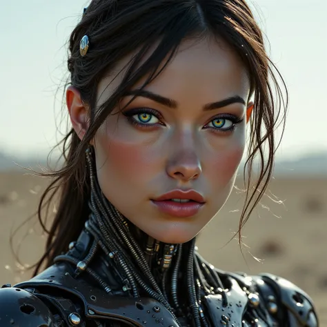 arafed woman, portrait of a cybernetic woman android Gunslinger. soft features, Soft Illustration with a dynamic background, elegant intricate artstation concept art style of Ashley Wood, Jae Wood, desolate tones, intricate detail, breathtaking masterpiece...