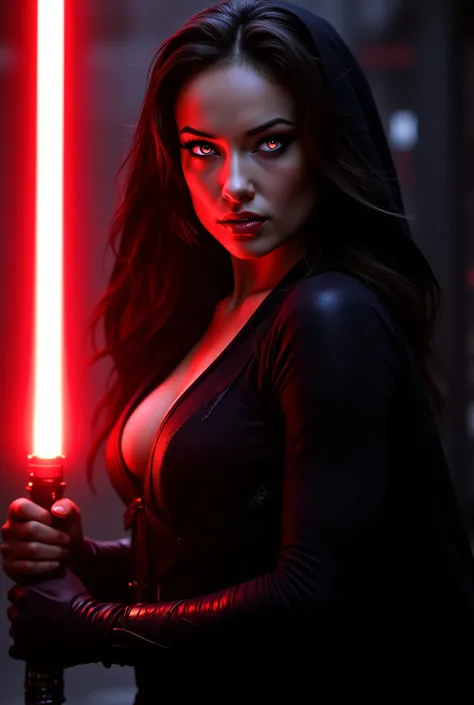 full body shot, female warrior, sith lord, star wars, red lightsaber, intricate details,beautiful detailed eyes, beautiful detailed lips, extremely detailed face, long eyelashes, evil look, diabolic, dramatic lighting, dark fantasy, chiaroscuro, cinematic ...