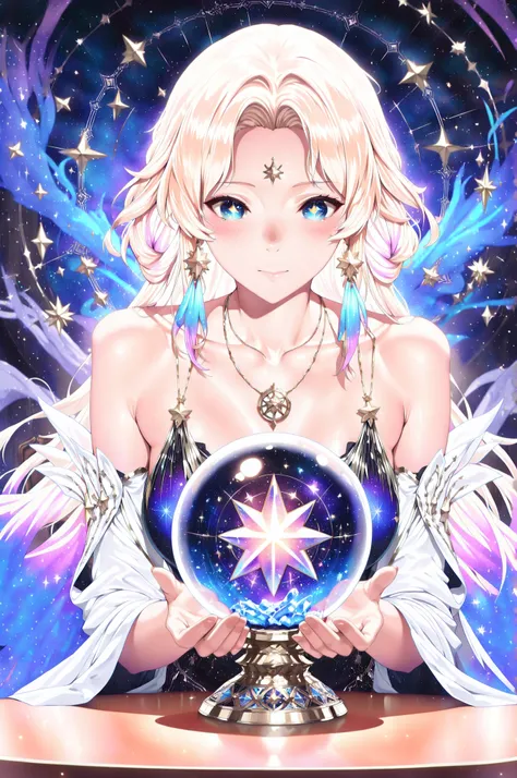 Complex double exposure high quality of an astrologist who divine the future from the stars, an extraordinary beautiful woman, divining the future from the stars, there is magic in her eyes, the ((her eyes are deep blue filled with stars)) blond hair color...