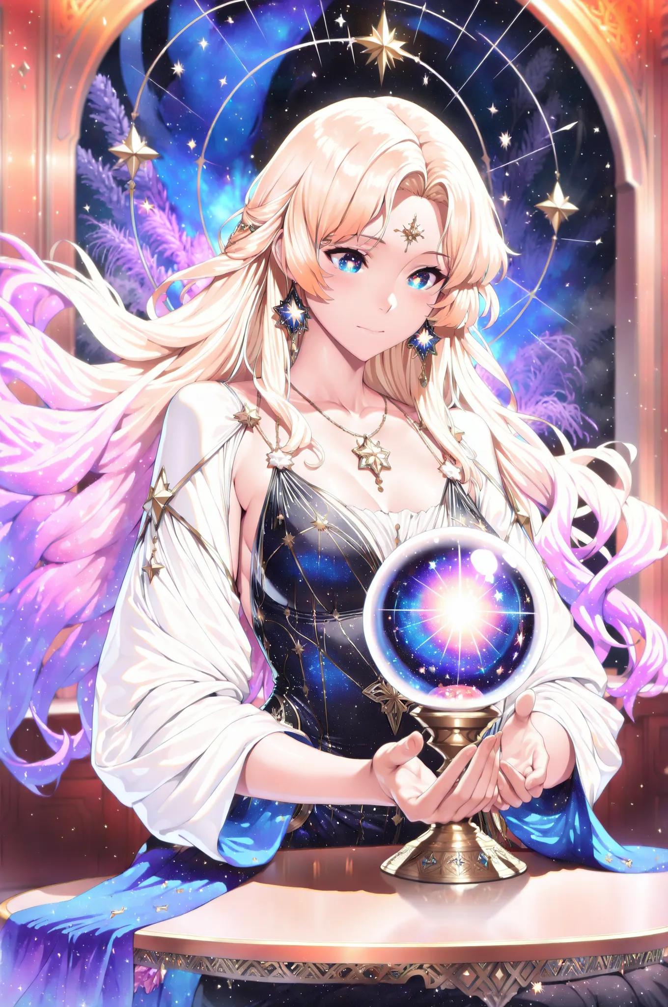 Complex double exposure high quality of an astrologist who divine the future from the stars, an extraordinary beautiful woman, divining the future from the stars, there is magic in her eyes, the ((her eyes are deep blue filled with stars)) blond hair color...