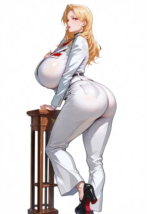 white background,simple background, Mature woman, white woman, golden white skin tone, high cheekbones, middle-parted hair, cut hair, blonde hair, mid-length hair, big lips, glossy pink lips, tall, plump and curvaceous, wide hips, massive breasts, huge ass...