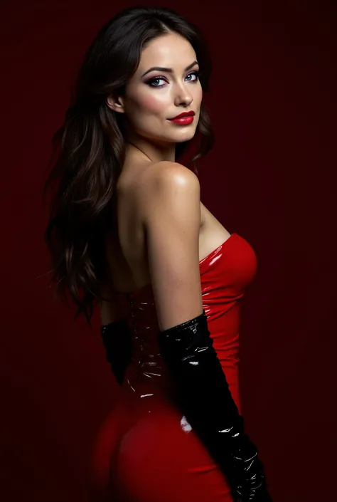 (cruel elegance:1.7) side profile image of brunette woman, she is a vision of sophisticated sensuality in a skin-tight latex dress that rivals the color of fresh blood, creating an striking contrast against her porcelain skin. Her hair cascades down her b...