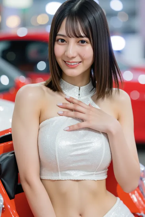 This photo shows a cute Japanese woman, pale skin, realistic skin, race queen costume,  
The image is of very high quality, with clear skin texture.
The focus is on her face.
The focus is very sharp. ultra detailed, 
thin waist.
Her whole body is in the pi...