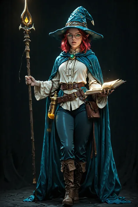 A character reference concept art in a realistic high contrast lighting with dark retro atmosphere style in a frontale view full body shot standing in A-pose with simple dark background. The character is a female elf mage, small short curvy body shape, med...