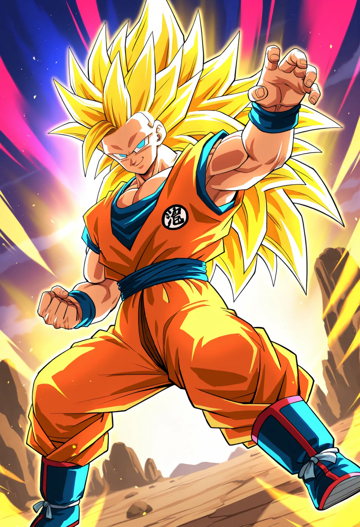 Son Goku, Orange martial arts gi, blue belt, orange pants, muscles, very long spiky blond hair, no eyebrows, blue eyes(Super saiyan 3), kanji, blue boots with red details, confident smile, dynamic angle, Fighting  pose, golden aura (Ki), rocky scenery. 
