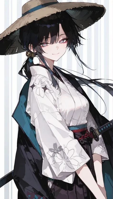 girl, black hair,In pretty light blue eyes,slim,viewer view,fall in love,samurai,long hair,The wind,Upper Body Shape,Big eyes,smile,CLEAN TRANSPARENT WHITE KIMONO,black coat,Medium Breasts,ponytail,ผมsamurai, black Hakama,small bell with hair,winged kimono...