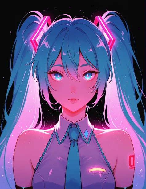 xsofts,, Hatsune Miku,limited palette,black background,colorful,vibrant,glowing outline,neon,blacklight,looking at viewer, masterpiece, very aesthetic