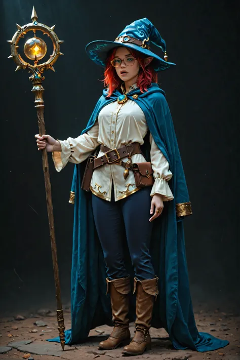 A character reference concept art in a realistic high contrast lighting with dark retro atmosphere style in a frontale view full body shot standing in A-pose with simple dark background. The character is a female elf mage, small short curvy body shape, med...
