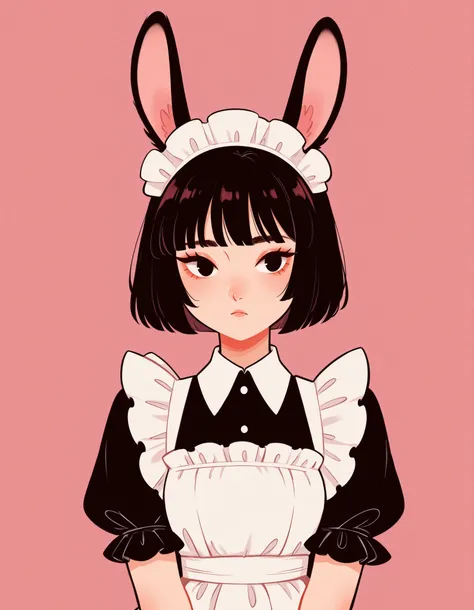 xsofts,, one woman、solo, Maya Hell,black eyes,dark hair,bob cut,Maid Outfit、White Apron、White Headdress、 with rabbit ears、cafe