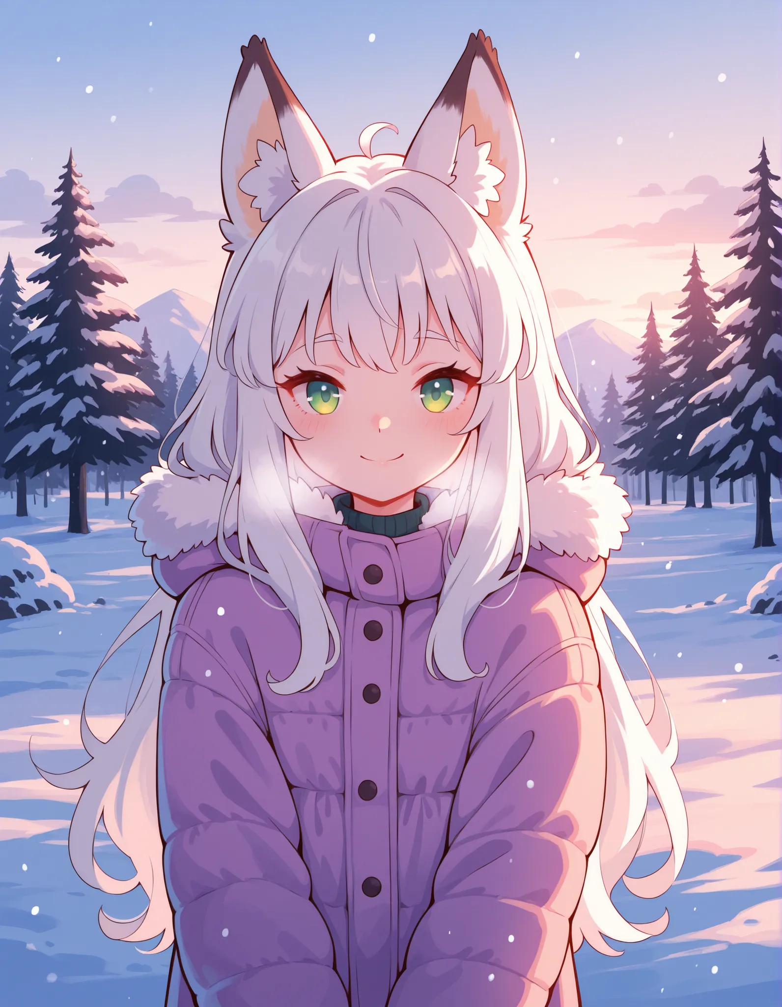 xsofts,, anime, BREAK, young fox girl,skinny and frail,(petite,cute:0.5), green eyes,looking at viewer, long hair,white hair, smile, winter clothes, outdoors,winter,